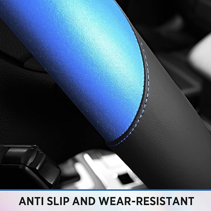Road Comforts Steering Wheel Cover – Breathable Leather Steering Wheel Cover, Anti-Slip Grip, Universal Fit 14.5” to 15”, Heat & Cold Resistant for Cars, SUVs, and Trucks – Black & Metallic Blue
