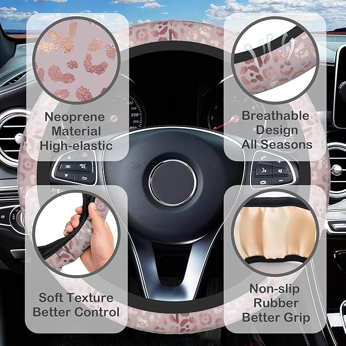Rose Gold Leopard Print Steering Wheel Cover with 2 Pcs Car Coasters Neoprene Steering Wheel Cover for Women Men Anti-Slip Breathable Car Accessories Universal 15 Inch Fit Auto Cars Trucks