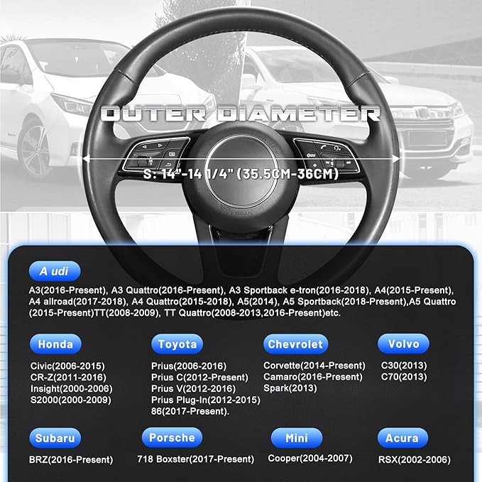 SEG Direct Car Steering Wheel Cover for Prius Civic Model 3 Model Y Camaro, Small Size 14-14.25 inch, Black and Blue Microfiber Leather