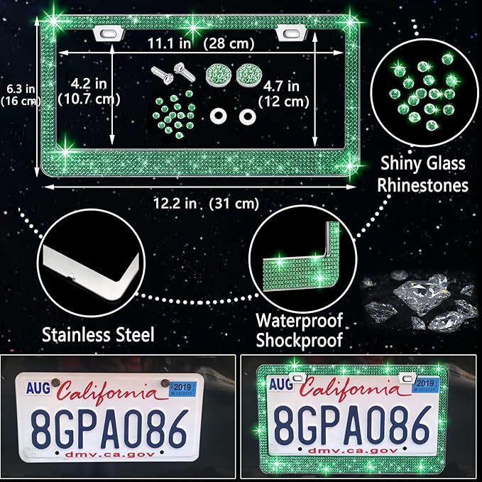NBTEPEM 27 PCs Green Bling Car Accessories Set for Women, Steering Wheel Covers Universal Fit 15 Inch, Bling License Plate Frame, Bling Phone Holder, Bling Car Coasters (Green Diamond)