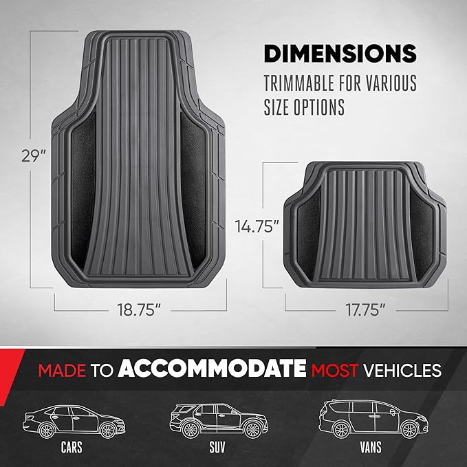 Motor Trend ChromeTech Car Floor Mats Full Set - Durable Rubber Floor Mats for Cars with Two Tone Accent, All Weather Interior Protection for Front and Rear with Non-Slip Backing, Gray/Black