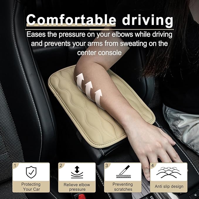 Amiss Auto Center Console Pad, Universal Waterproof Car Armrest Seat Box Cover, Leather Auto Armrest Cover Protector for Most Vehicles, SUV, Truck, Car (Beige)