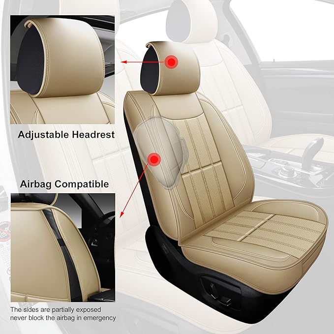 AOOG Leather Car Seat Covers for Cars SUV Pick-up Truck, Universal (Beige, Front Pair)