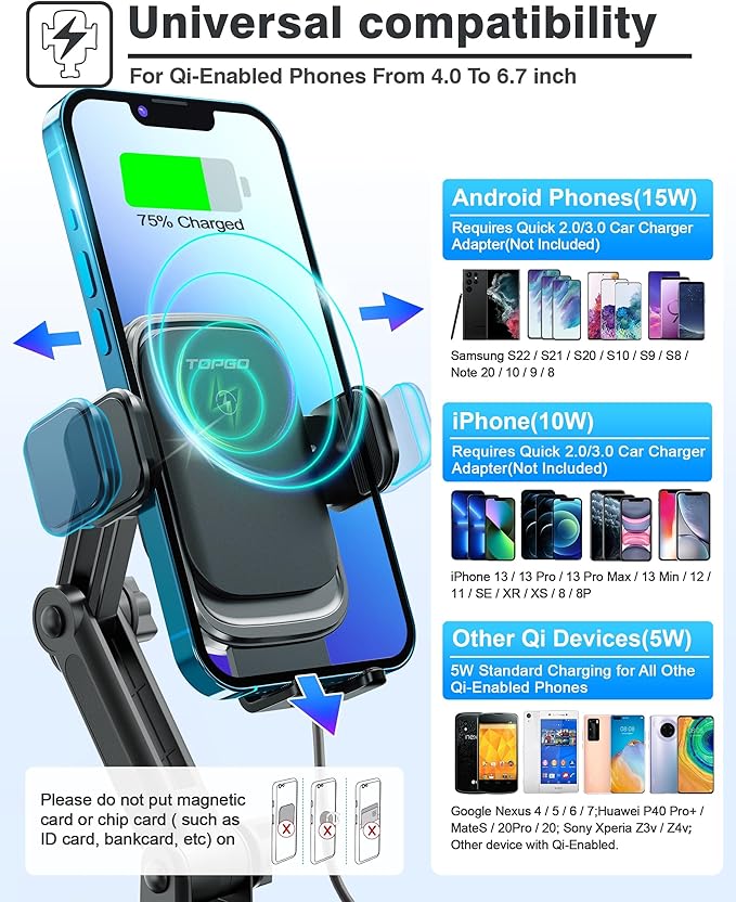 TOPGO [Upgraded Cup Phone Mount Wireless Charger, Universal Cell Phone Holder Car Charger Wireless Charger Cup Phone Holder Fast Charging for iPhone17 Pro Max, Samsung Galaxy - Black