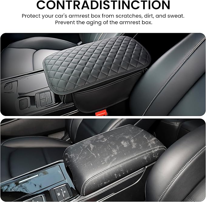 DS Extended Car Center Console Cover with 2 Storage, Microfiber Leather Car Armrest Cover Cushion for SUV Truck, Universal Car Accessories Memory Foam Comfort Stylish Leather Design (Black Longer)