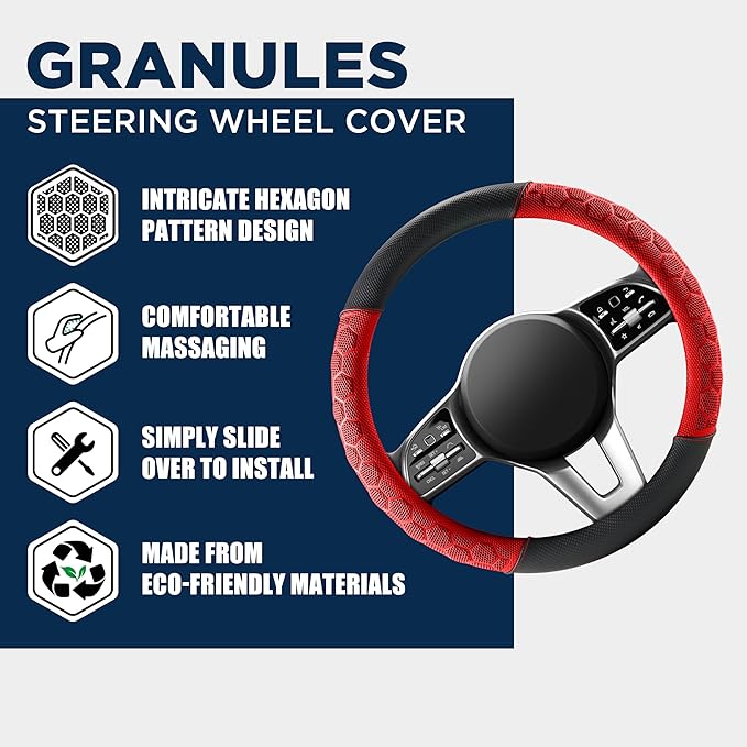 PIC AUTO Massage Steering Wheel Cover, Red Football Pattern Material Spliced Leather Car Steering Wheel Protector, Car Interior Accessories, Universal Fit 14.5"-15.5" for Cars, Trucks, Van, SUV