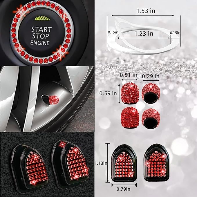 NBTEPEM 27 PCs Red Bling Car Accessories Set for Women, Steering Wheel Covers Universal Fit 15 Inch, Bling License Plate Frame, Bling Phone Holder, Bling Car Coasters (Red Diamond)