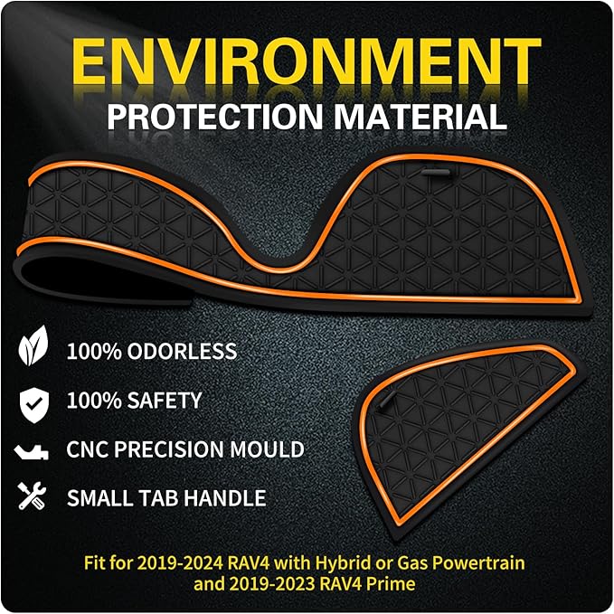 Premium Liner Mat Accessories Compatible with Toyota RAV4 2019-2024 and 2021-2024 RAV4 Prime, Custom Fit Cup Holder, Door Pocket and Center Console Inserts (Orange Trim, 14-PCS)
