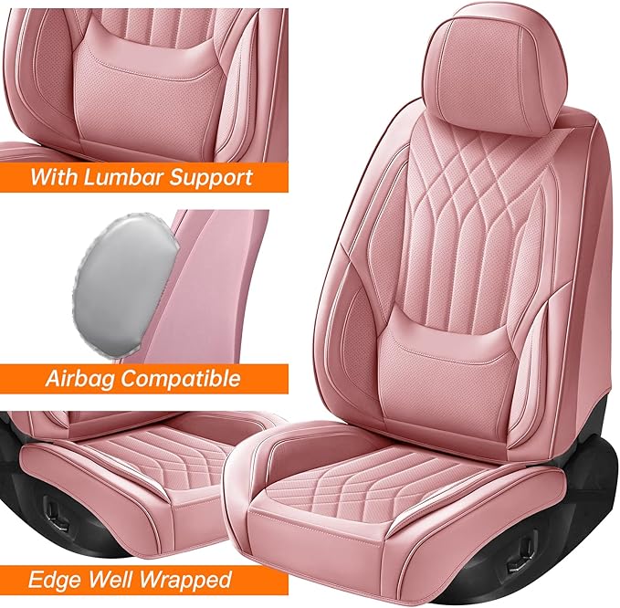 Pink Car Seat Covers Full Set, Full Coverage Luxury Leather Car Seat Protector Universal Fit for Most Cars SUVs Pick-up Trucks, Pink Seat Covers Car Interior Accessories for Women