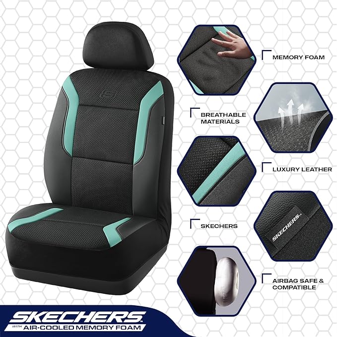 Skechers Memory Foam Car Seat Covers, Air Cool Mesh Thick Seat Covers,Car Seat Covers Front Seats Airbag Compatible, Automotive Comfort Protection for Most Cars,Van,Trucks, SUVs,Green