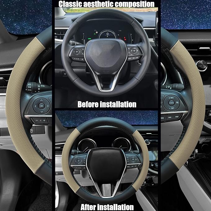 Steering Wheel Cover Standard Size 14.5-15 inch, Non-Slip Car Wheel Cover Protector, Breathable Microfiber Leather, Black and Beige