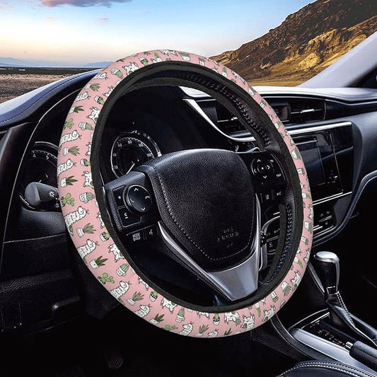 Dujiea Pink Alpaca Cactus Elastic Stretch Steering Wheel Cover, Anti-Slip and Durable Car Steering Wheel Accessories for Women Men, 15 Inch Universal Fit Car, Truck, SUV