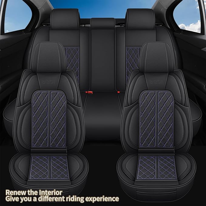 Leather Automotive Seat Covers Universal Fit for Cars, SUV, Sedans, Anti-Slip & Breathable (Black Blueline, Front Seat)