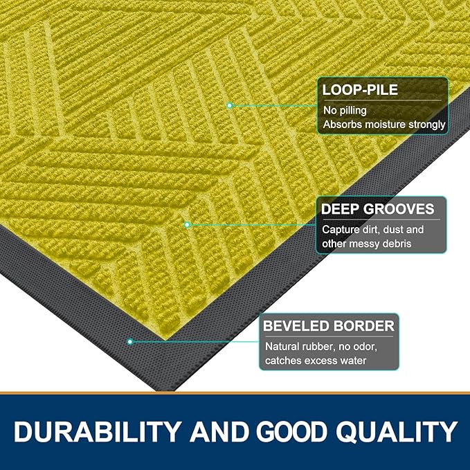 Smiry Front Door Mat Outside Entrance, Heavy Duty Sturdy Natural Rubber Doormat, Trap Dirt and Moisture, Easy Clean Low Profile Mats for Indoor Outdoor Entry, Irregular Triangle (36x24, MST-Yellow)
