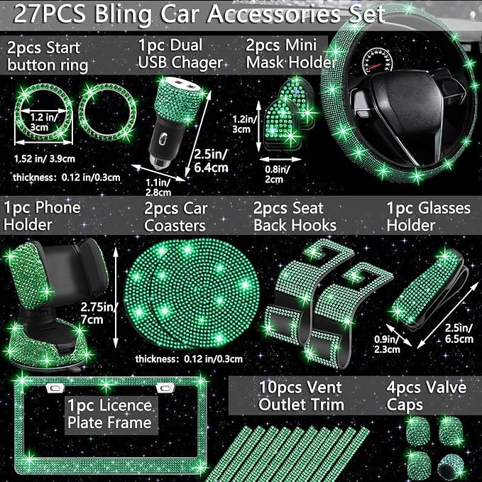 NBTEPEM 27 PCs Green Bling Car Accessories Set for Women, Steering Wheel Covers Universal Fit 15 Inch, Bling License Plate Frame, Bling Phone Holder, Bling Car Coasters (Green Diamond)