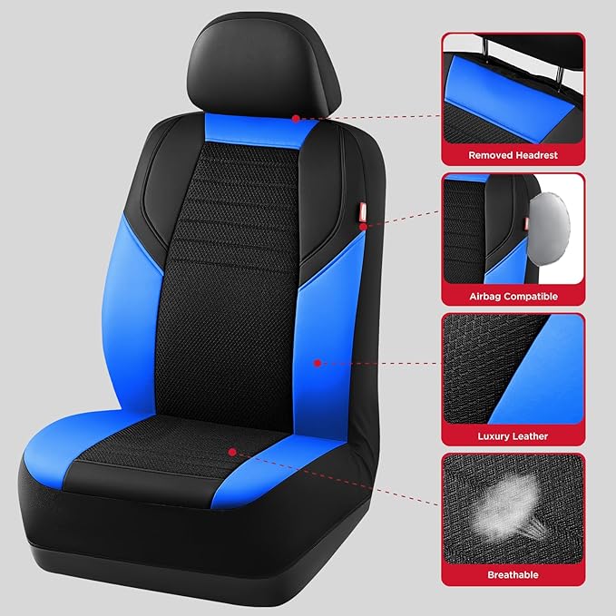 Rubbermaid Car Seat Cover, Leather & Air-Cool Mesh Front Seat Cover, Airbag Compatible, Slip-On Installation, Automotive Seat Cover Universal Fit for Most Cars, Trucks, SUVs-Blue
