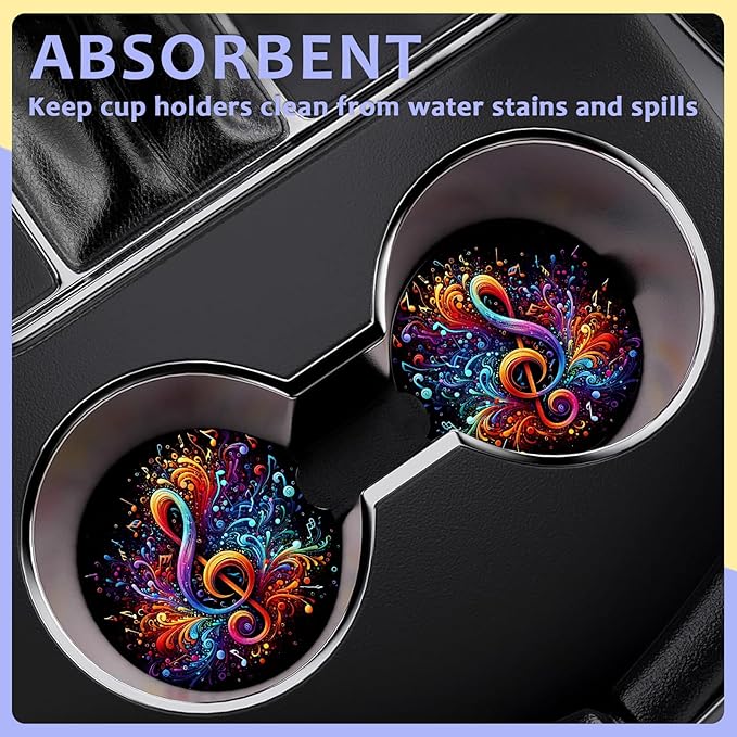 2 Pack Car Cup Holder Coaster-Colorful Music Note Absorbent Ceramic Coaster,Car Coasters for Cup Holders,Auto Accessories for Women & Men