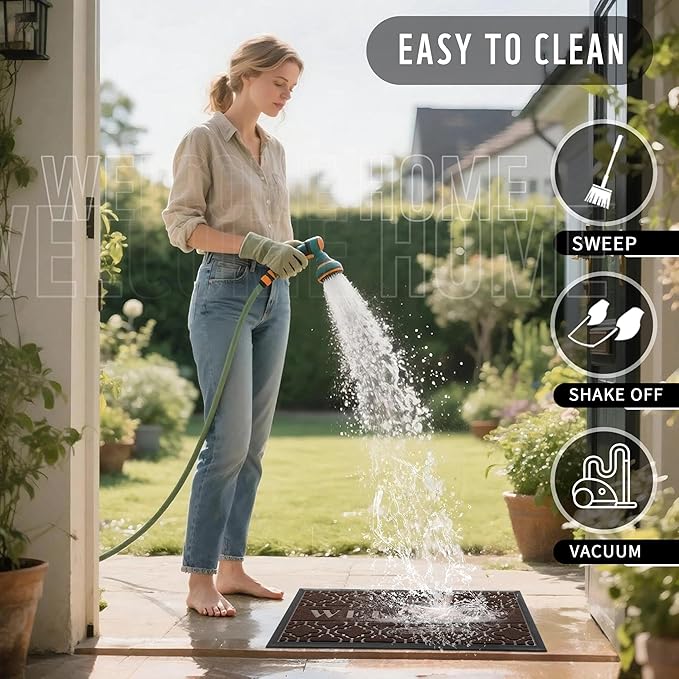 Yimobra Welcome Matt Outdoor Indoor 29.5x17, All-Weather Waterproof Front Door Mat Outside Entrance, Non-Slip Low Profile Porch Patio Doormat, Brown