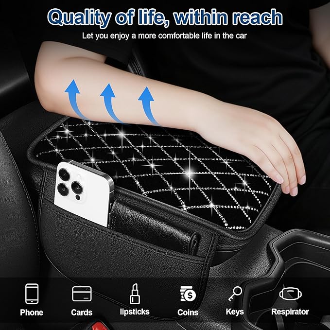 Armrest Cover with 2 Storage Bags Fit for VW/Volkswagen ID.4 Faux Leather Car Center Console Cover with DiamondStorage Box Waterproof Arm Rest Covers(Black)