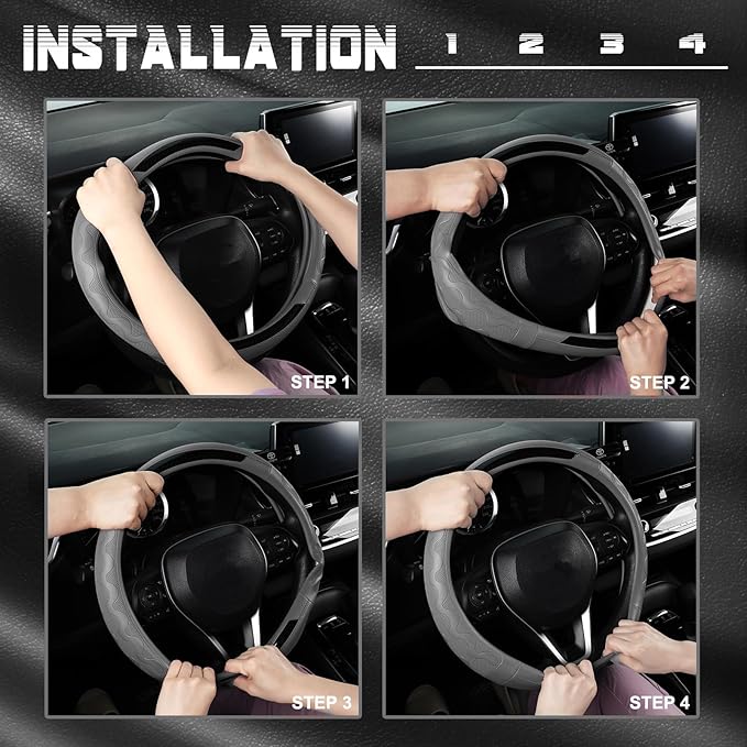 SEG Direct Car Steering Wheel Cover Medium Size 14 1/2"-15" Embossed Microfiber Leather with Carbon Fiber Pattern Gray