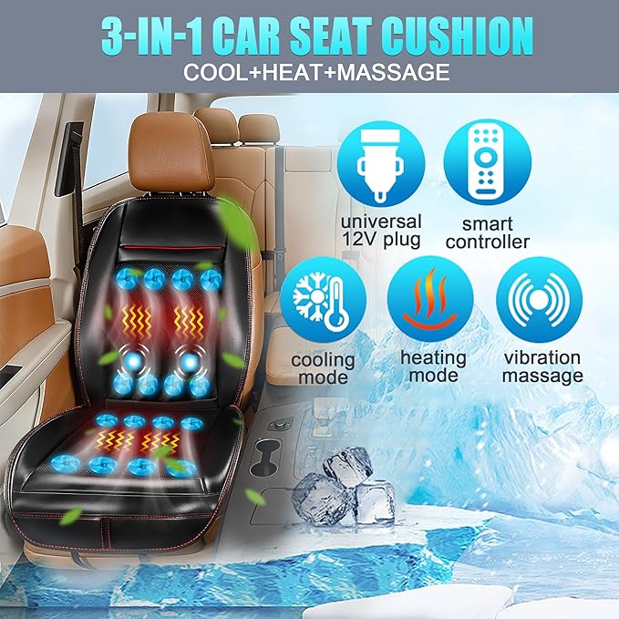 2025 Upgraded 3-in-1 Hot and Cooling Seat Cover for Car Front Seat, 12V Ventilated Cooling Car Seat Cover with Massage, Winter and Summer Cooling Seat Cushion for Car SUV Truck Universal Fit (Black-3)