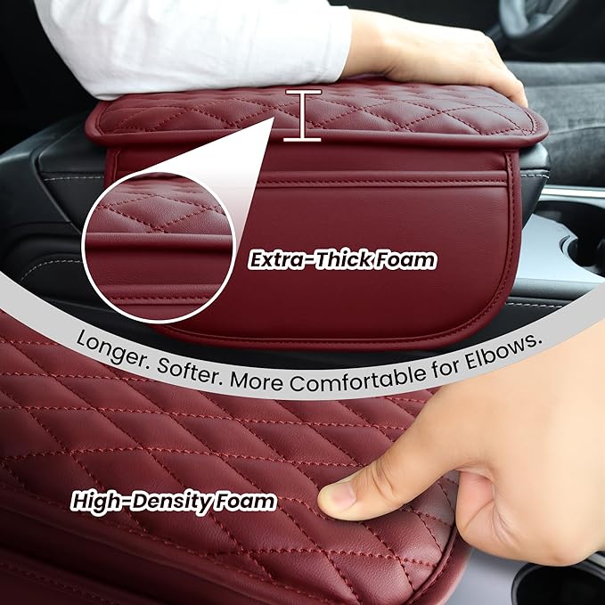 Upgraded Car Center Console Cover,Microfiber Leather Car Armrest Cover Cushion with 2 Storage Bags,Universal Car Armrest Storage Box Car Interior Accessories for Most Vehicles (Wine red)
