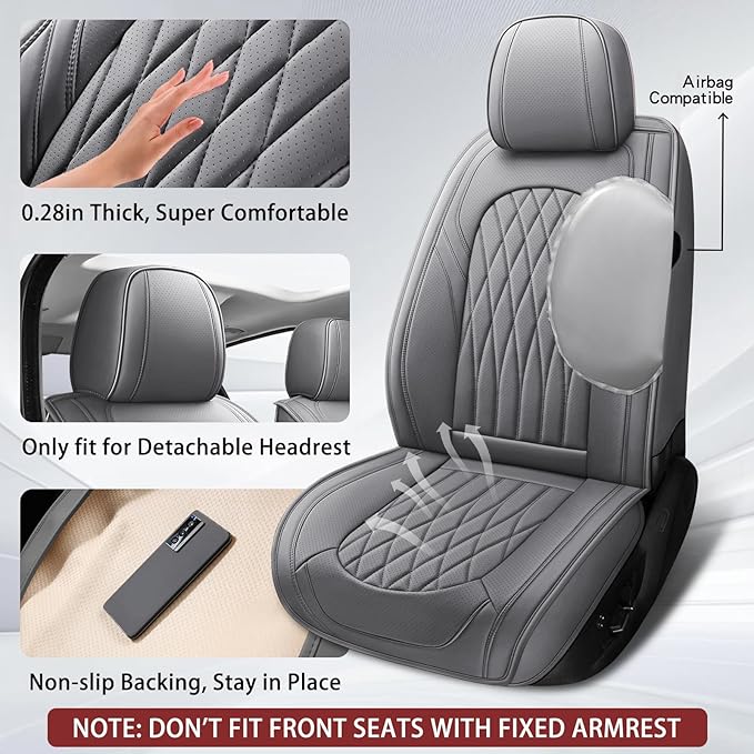 WELLDO Car Seat Covers Front Seats, Leather Seat Covers for Cars, Front Car Seat Protector Waterproof, Non-Slip Car Interior Covers Universal Automotive Seat Covers for Most Vehicle, Gray