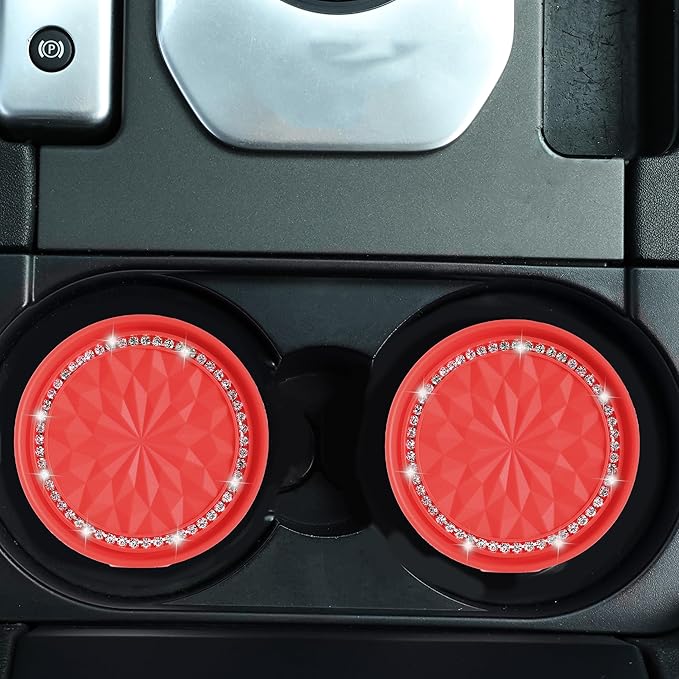 Amooca Car Cup Coaster 4 Pack Universal Non-Slip Cup Holders Insert Coasters Bling Crystal Rhinestone Car Interior Accessories Red Flower