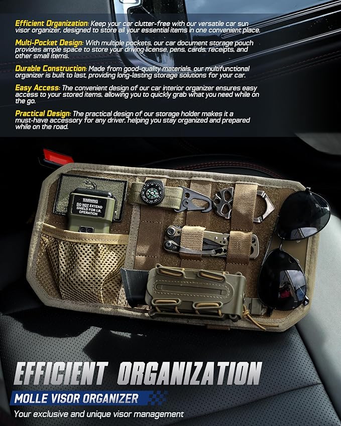 WYNEX Molle Car Sun Visor Organizer, Original Design Car Accessories with Zipper Visor Storage Pouch & Glasses Clip, Semi-Rigid Molle Panel for Tactical Gears, Fits Most Vehicles, SUVs, Trucks
