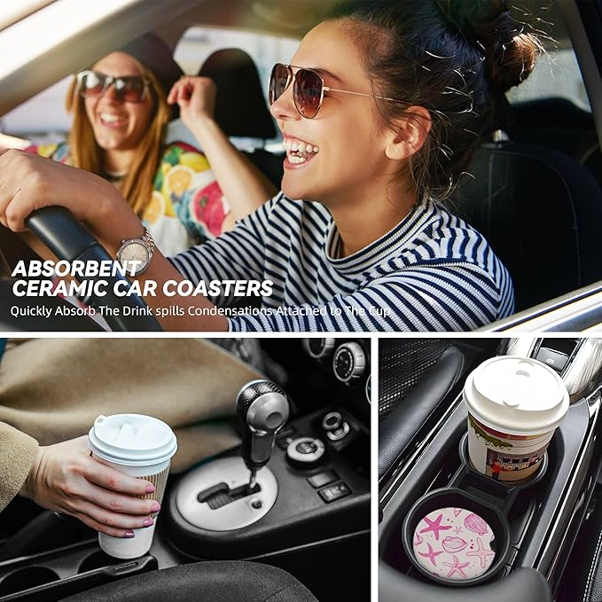 Absorbent Car Coasters for Cup Holders, 2 Pack Universal Anti Slip Ceramic Cup Coaster for Women Men 2.56 Inch Car Interior Accessories - Pink Sea Shell 014