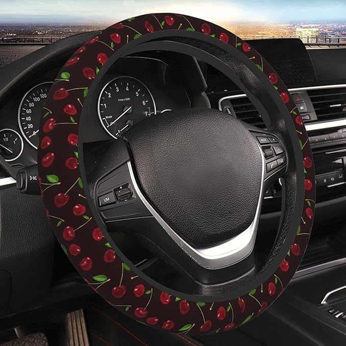 Red Cherry Steering Wheel Cover for Women, Universal 15 inch Breathable Anti Slip Steering Wheel Covers for Cars, Auto, SUVs