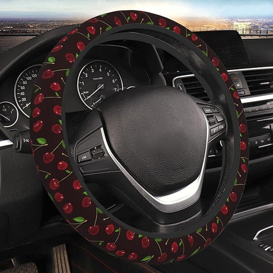 Red Cherry Steering Wheel Cover for Women, Universal 15 inch Breathable Anti Slip Steering Wheel Covers for Cars, Auto, SUVs