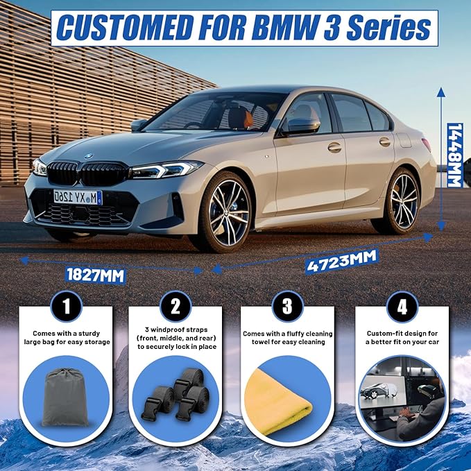 [2025 Upgrade] Car Cover Custom Fit for BMW 3 Series 320i 325i 328i 330i 335i Sedan (2013-2025), Waterproof All Weather for Automobiles Full Exterior Cover Rain Sun Snow UV Protector.