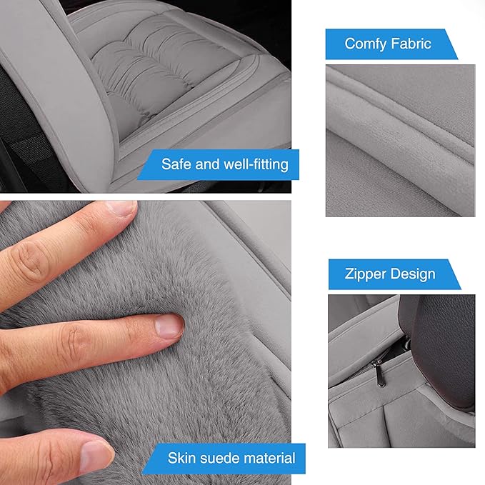 AOOG Fuzzy Leather Car Seat Covers Full Set, Heated Front Bench Back Cushion Protector for Cars SUV Trucks (Full Set,Grey)