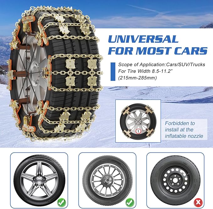 LILYPELLE Upgraded Snow Chains 8 Pack, Tire Chains for Cars/SUVs/Pickup Trucks, Emergency Anti Slip Tire Traction Chains for Tire Width 215-285mm