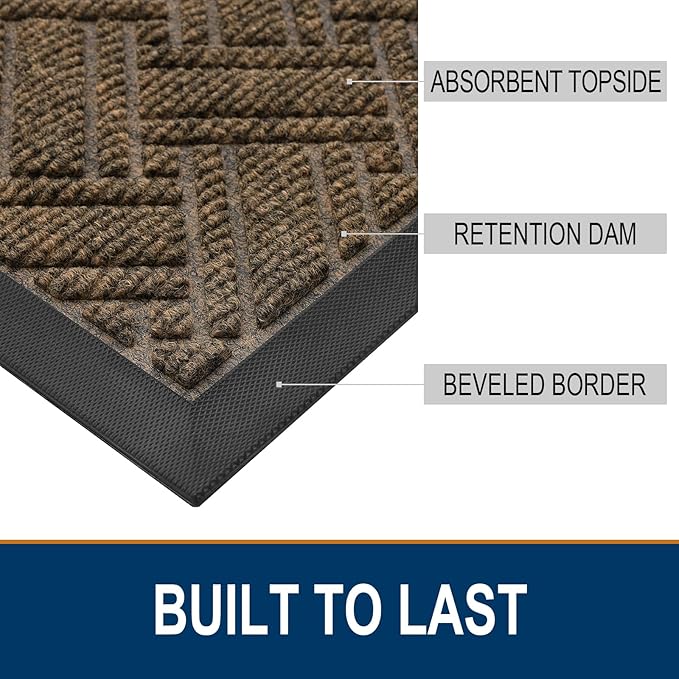 OLANLY Indoor Outdoor Mat, Sturdy Natural Rubber Floor Mat, Non Slip Low Profile Waterproof Doormat, and Stain Front Door Mats, Easy Clean Patio Entrance Mat, 30''x17'', Brown