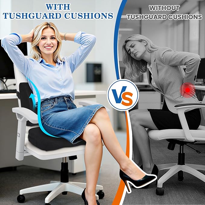 TushGuard Back&Seat Cushion, Car Seat Office Chair Cushions, Breathable Memory Foam Lumbar Back Support Pillow, Portable Airplane Seat Cushion for Travel, Computer Desk, Wheelchair, Driving (Black)