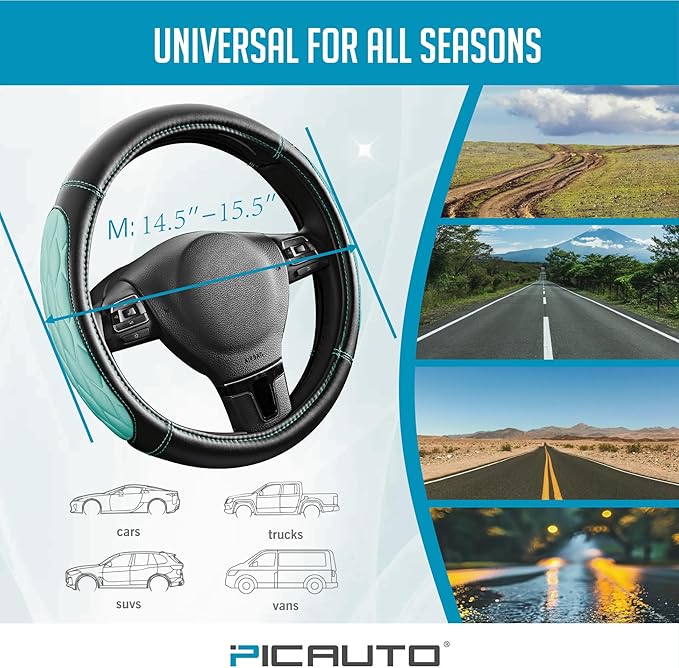 PIC AUTO Steering Wheel Cover, Mint Thick Rhombic Foam and Premium Leather, Universal 14.5-15.5 Inch Breathable Anti-Slip Steering Wheels Accessories for Men & Women