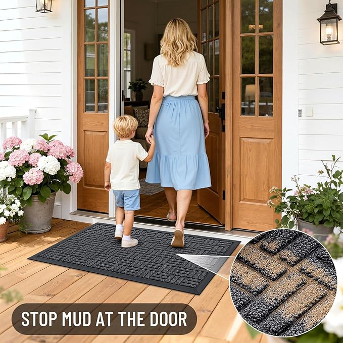 OLANLY Front Door Mat Outside Entrance 47x17, Absorbent, Heavy Duty Sturdy Natural Rubber Doormat Indoor Outdoor, Non-Slip, Stain and Fade Resistant, Low Profile Floor Mat for Entryway, Black Gray