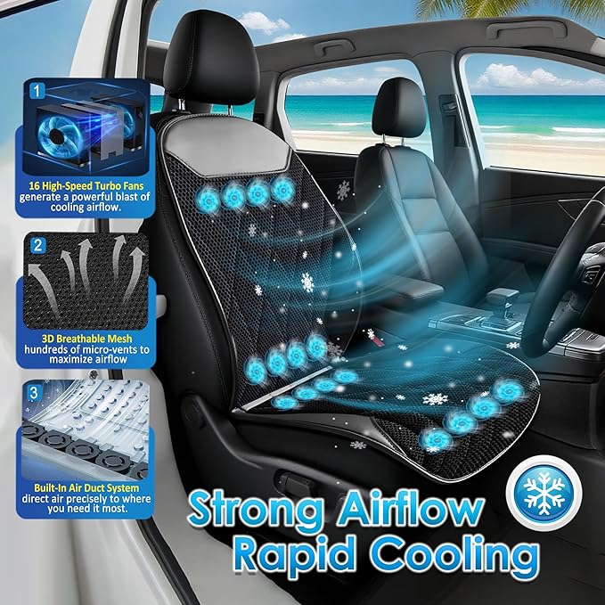 3-in-1 Cooling Car Seat Cushion with Massage & Temperature Control, 16 Fans Ventilated Seat Cooler, 12V Front Seat Summer Cooling Seat Cover for Car SUV Truck (Black)