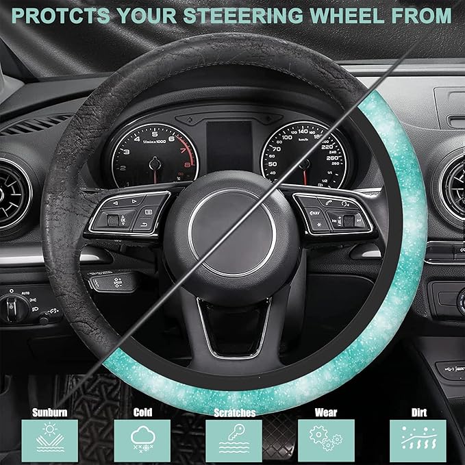 Teal Turquoise Green Glitter Bling Steering Wheel Cover for Women Men,Anti-Slip Breathable Car Steering Wheel Cover Elastic Protection with 2 Pieces Car Coasters,Universal 15" Fit Auto,Suvs,Truck