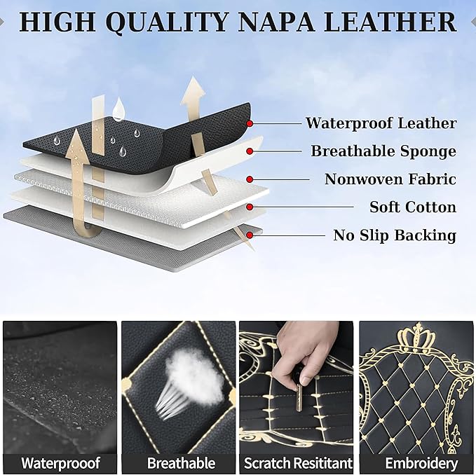 Skysep Crown Full Set Universal Fit 5 Seats Car Surrounded Waterproof Leather Car Seat Covers Protector Adjustable Removable Auto Seat Cushions with 2 Waist Pillows 2 Headrest Pillows (Black-Gold)