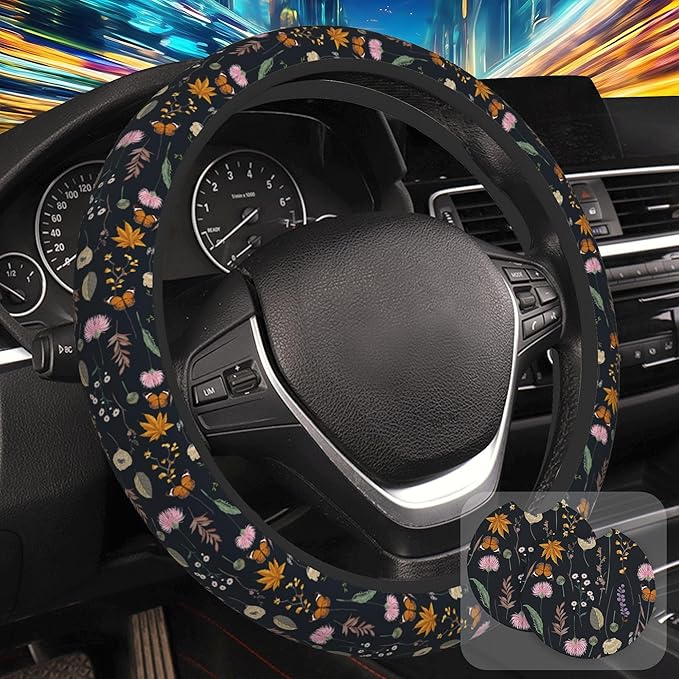 Wildflowers and Butterflies Steering Wheel Cover for Women, Anti-Slip Car Steering Wheel Cover with 2 Pcs Cup Holders Neoprene Breathable Car Accessories Universal 15 Inch Auto Interior Decor