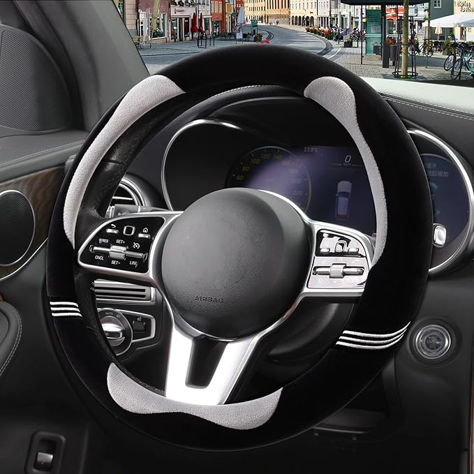 14 inch Furry Cute Steering Wheel Cover, Soft Fluffy Short Plush Auto Accessories, Non-Slip Cold-Proof Sweat-Proof Colorfast(Black with Gray)