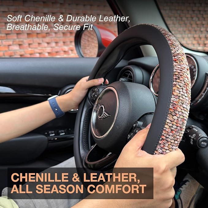 PINCTROT Chenille Leather Steering Wheel Cover, Soft Mottled Colors, Sweat-Proof, Non-Slip Grip, All-Season Comfort, Universal 14.5-15 Inch(Mottled Red)