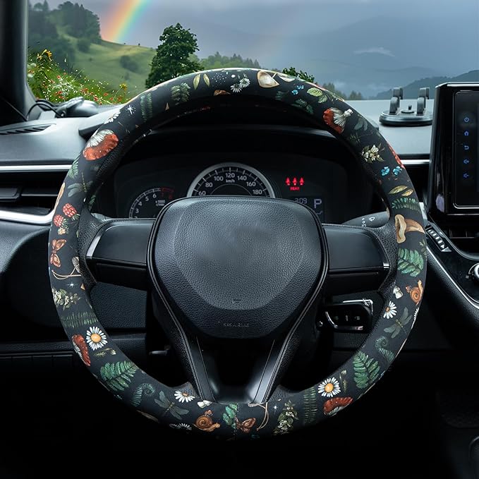 Woodland Fern Moth Dragonfly Mushroom Amanita Steering Wheel Cover Auto Steering Wheel Protector, Anti-Slip, Breathable, Absorbing Sweat, Universal Car Accessories 14.5–15 inch