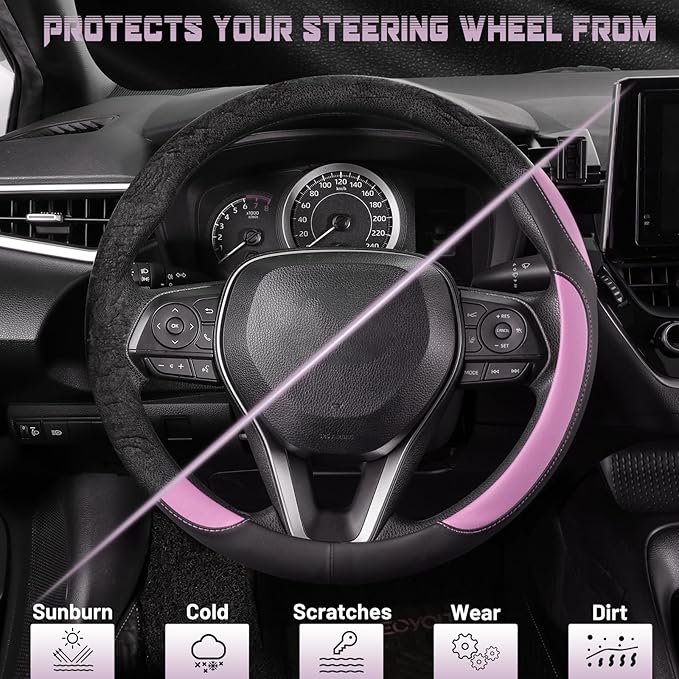 SEG Direct Car Steering Wheel Cover for Women Men, Standard Size 14.5-15 inch (37-39 cm), Auto Interior Accessories, Black and Radiant Orchid