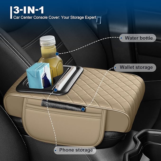 Car Center Console Cover Fit for Volkswagen Faux Leather Auto Armrest Box Cover with Cup Holder & Phone Holder Waterproof Leather Armrest Protector Cushion(Beige)