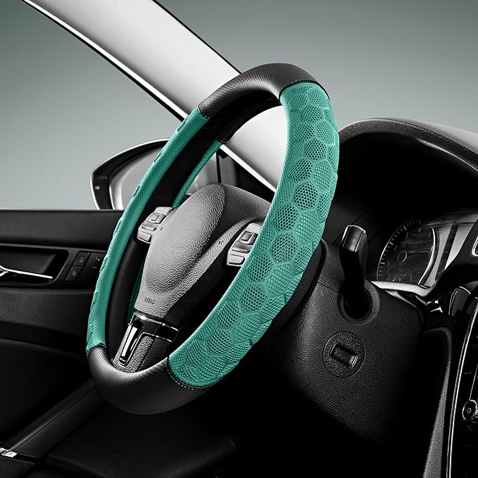PIC AUTO Massage Steering Wheel Cover, Mint Football Pattern Material Spliced Leather Car Steering Wheel Protector, Car Interior Accessories, Universal Fit 14.5"-15.5" for Cars, Trucks, Van, SUV