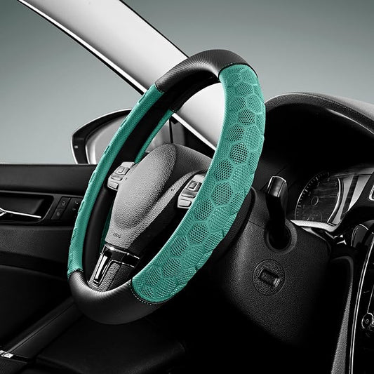 PIC AUTO Massage Steering Wheel Cover, Mint Football Pattern Material Spliced Leather Car Steering Wheel Protector, Car Interior Accessories, Universal Fit 14.5"-15.5" for Cars, Trucks, Van, SUV